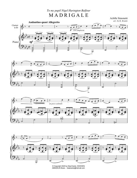 Madrigale For Clarinet In Bb And Piano Eb Major Arr K Krantz Sheet