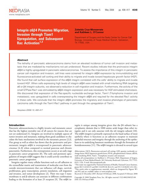 PDF Integrin α6β4 Promotes Migration Invasion through Tiam1