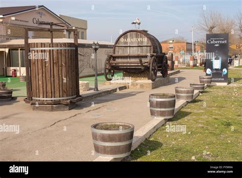 Sennoy, Russia - March 15, 2016: A view of a wine barrel and a wine ...