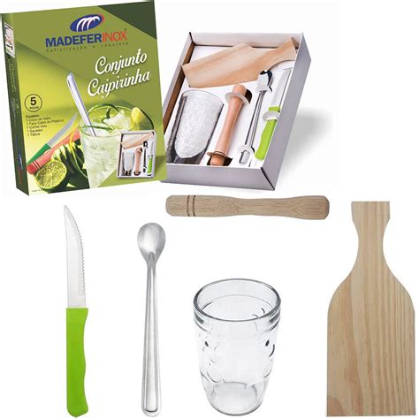 KIT CAIPIRINHA COPO DE VIDRO TABUA DE MADEIRA SOCADOR COLHER