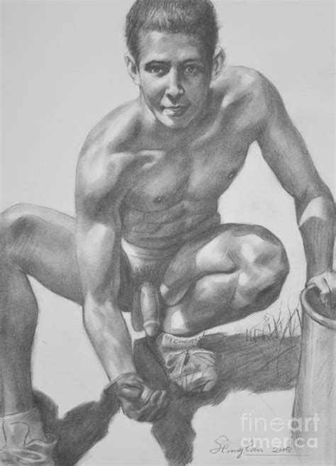 Original Drawing Sketch Charcoal Male Nude Gay Man Art Pencil On Paper 0032 Painting By Hongtao
