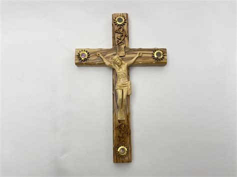 Olive Wood Crucifix With Element From Holy Land Bethlehem Wood Carving