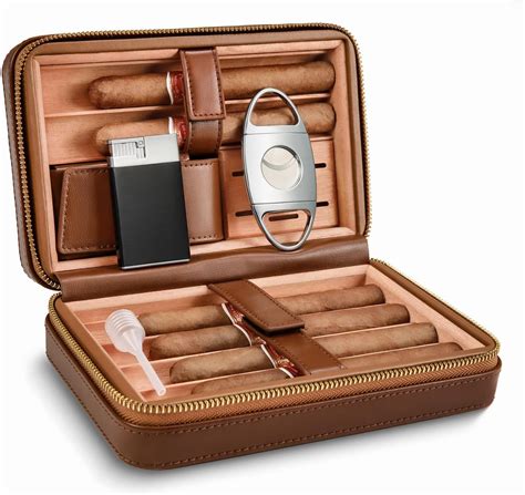 LEACHOI Leather Cigar Travel Humidor Cigar Bag With Lighter And Cigar