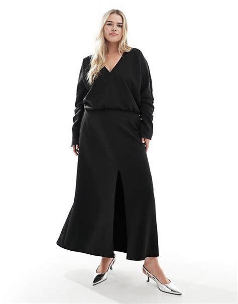 Asos Design Curve V Neck Long Sleeve Blouson Midi Dress With Front