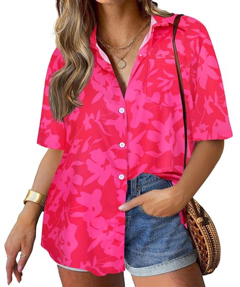 Tiyomi Plus Size Women S Short Sleeve Floral Shirts X Hot Pink Tops Hawaiian Button Down Blouse