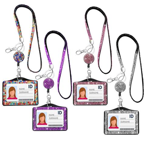 KIOOOKI Rhinestone Lanyards for Id Badges, 4 Sets Bling ID Card Holder Crystal Retractable Badge ...