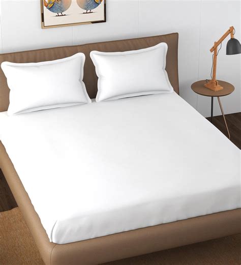 Buy White Solid 300 TC Cotton King Size Fitted Bedsheet With 2 Pillow