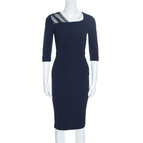 Roland Mouret Navy Blue Stretch Lace Detail Ingram Sheath Dress S