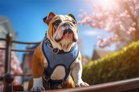 Premium Photo English Bulldog Sitting On A Bench With Flowers In The