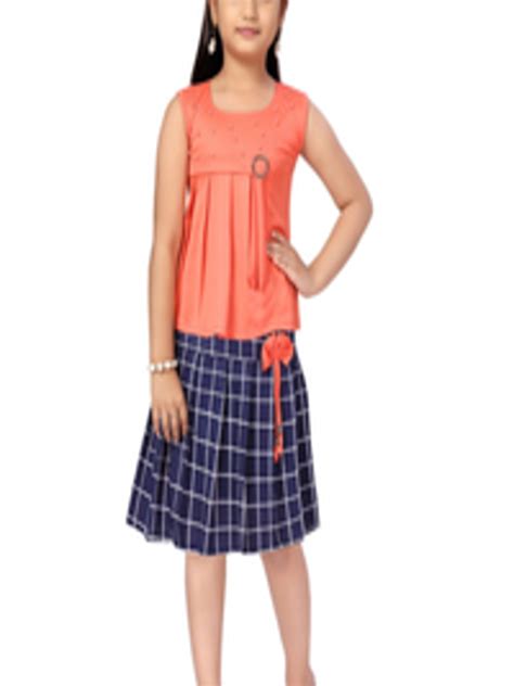 Buy Aarika Girls Peach Coloured And Navy Blue Top With Skirt Clothing