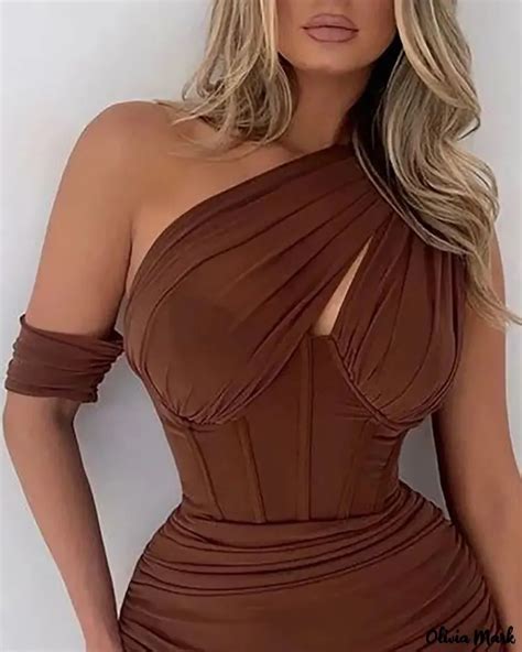 Olivia Mark Asymmetric Neck Ruched Corset Bodycon Dress Olivia Mark