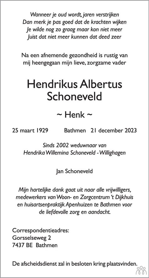 Hendrikus Albertus Henk Schoneveld 21 12 2023 Overlijdensbericht En