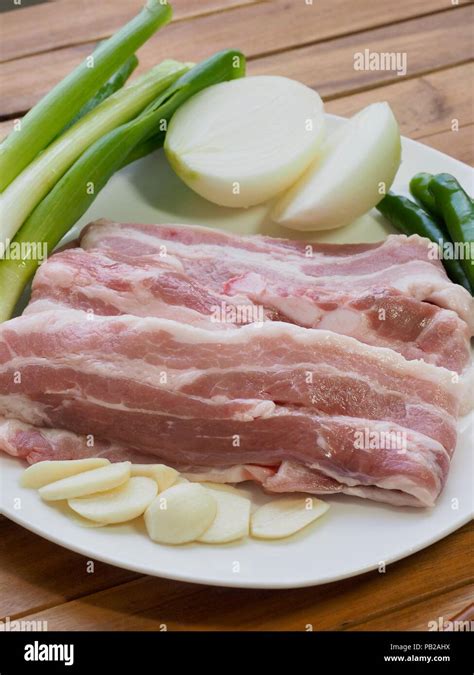 Korean Food Pork Belly And Vegetables Samgyeopsal Stock Photo Alamy