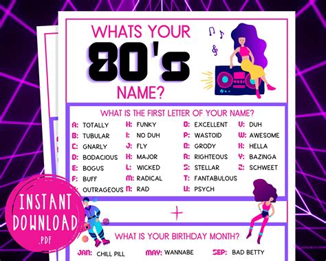 Totally 80s Whats Your 80s Name Party Game Printable 1980s Game 40th