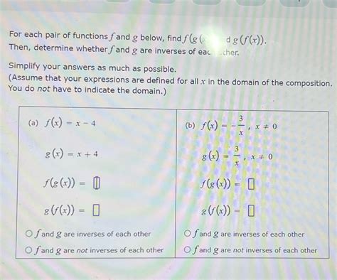 Solved For Each Pair Of Functions F And G Below Find F G Dg F X