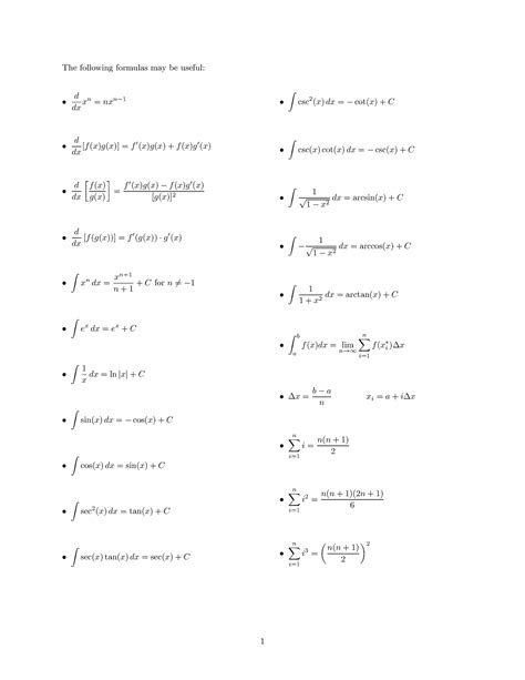 Formulasheet Sp23 The Following Formulas May Be Useful D Dx X N Nx N− 1 D Dx [f X G X