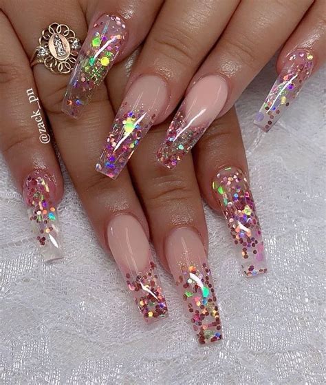 Long Nude Pink Glittery Nails Lilac Nails Violet Nails Coffin Nails