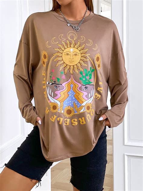 Shein Ezwear Sun And Moon Print Drop Shoulder Tee Shein Usa