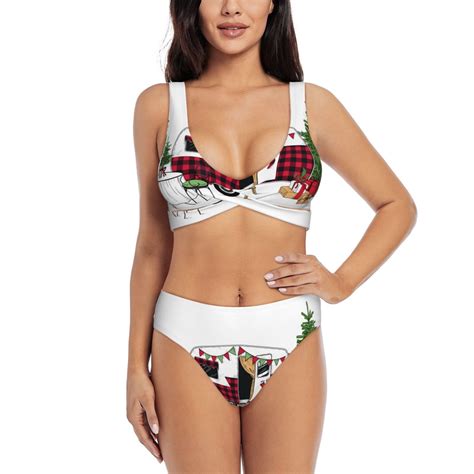 Rocae Vintage Buffalo Plaid Christmas Camper For Bikini Set For Women