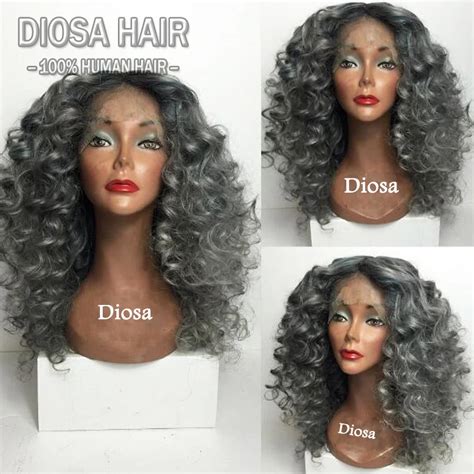 Curly Ombre Grey Human Hair Wigs Glueless Full Lace Human Hair Wigs With Dark Roots Ombre Grey