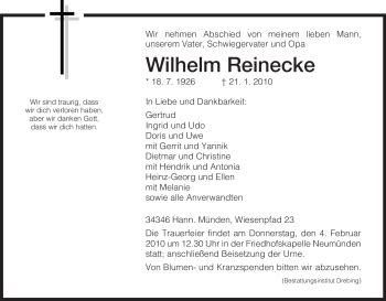 Traueranzeigen Von Wilhelm Reinecke Trauer HNA De