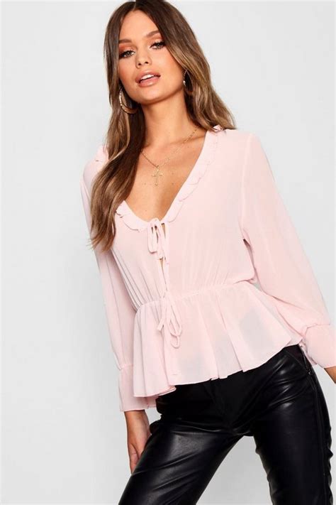 Ruffle V Neck Peplum Blouse Boohoo