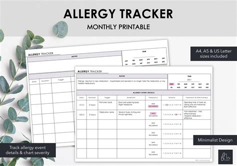 Printable Allergy Tracker Chart Monthly Allergy Events Minimalist Design Instant Download