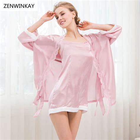 2017 Female Spring Autumn Pink Cardigan Sexy Sleepwear Suit Nightgown