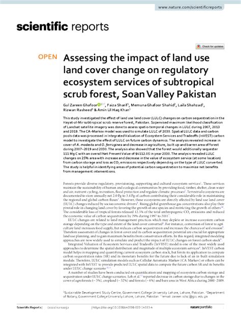 评估土地利用土地覆盖变化对亚热带灌丛森林监管生态系统服务的影响，soan Valley 巴基斯坦