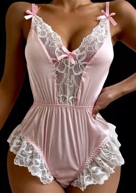 Pink Satin White Chantilly Lace Teddy Bodysuit Romper Lingerie XL Flutter Legs EBay