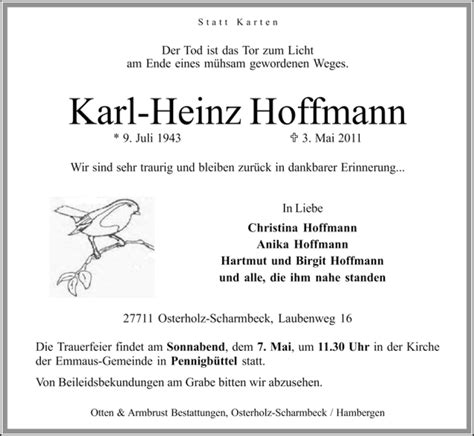 Traueranzeigen Von Karl Heinz Hoffmann Trauer Gedenken