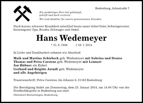 Traueranzeigen Von Hans Wedemeyer Trauerportal Hildesheimer