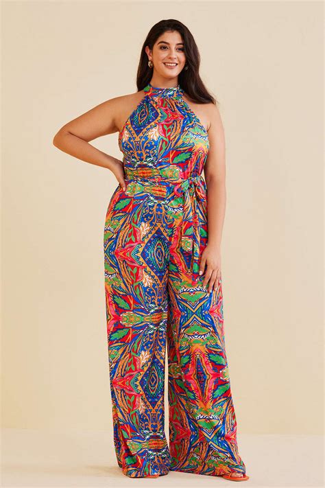 Plus Size Bohemian Print Halter Jumpsuit Micas