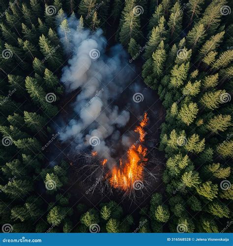 Aerial View Of Forest Fire With Smoke Heat And Pollution Stock