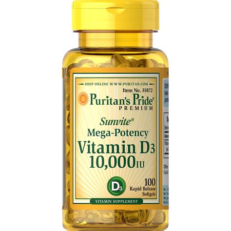 Puritan S Pride Vitamin D3 Softgels 10000IU 100Ct