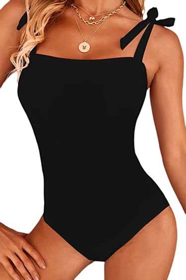 Shein Womens One Piece Swimsuit Tie Shoulder Square Neck Tummy Control