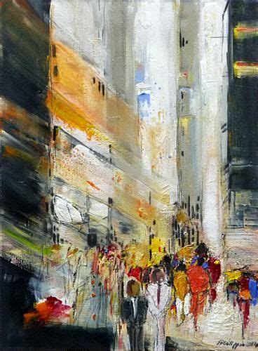 An Abstract Painting Of People Walking Down The Street