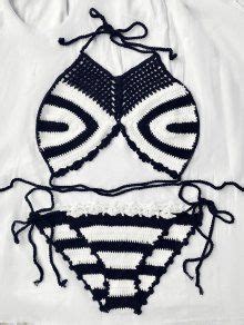 Unlined Halter Crochet Bikini Set In WHITE AND BLACK ZAFUL