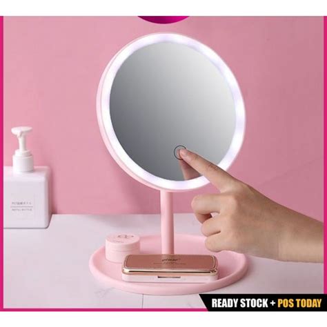 Rotating Charging Led Make Up Mirror With Light Cermin Lampu Makeup