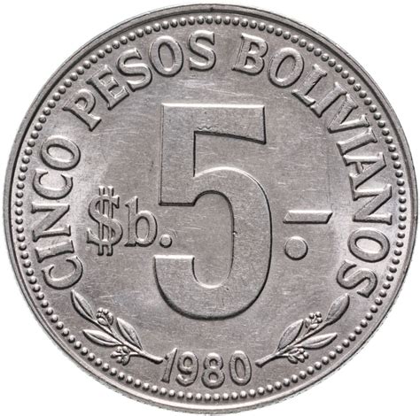 Монета Боливия 5 песо (pesos) 1980 стоимостью 383 руб.