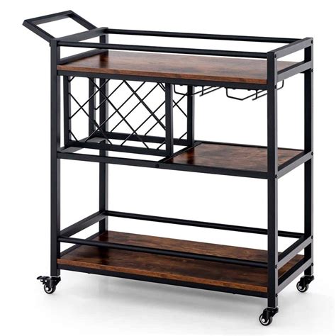 Costway Rustic Brown Kitchen Serving Cart With 3 Tier Home Wine Rack And Glass Holder And Wheels