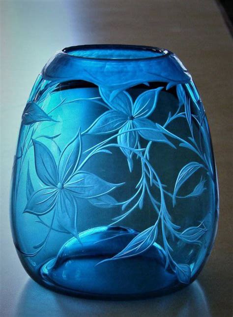 Blue Floral Vase, Blue Vase, Floral Vase, Hand Engraved,hand Blown Vase, Vase, Glass Art, Art ...