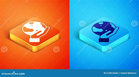 Isometric Human Hand Holding Earth Globe Icon Isolated On Orange And