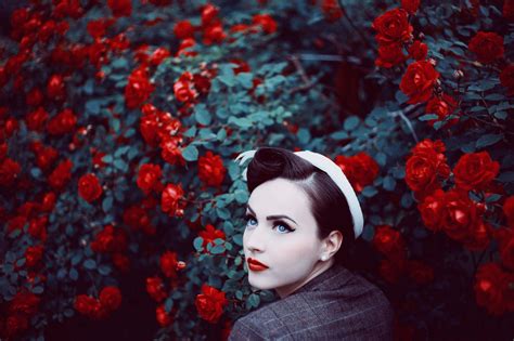 Wallpaper Women Flowers Blue Eyes Brunette Red Lipstick Rose