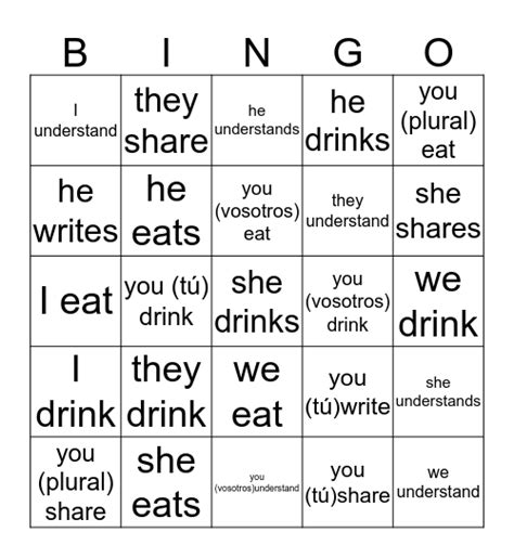 Er Ir Verbs Bingo Card