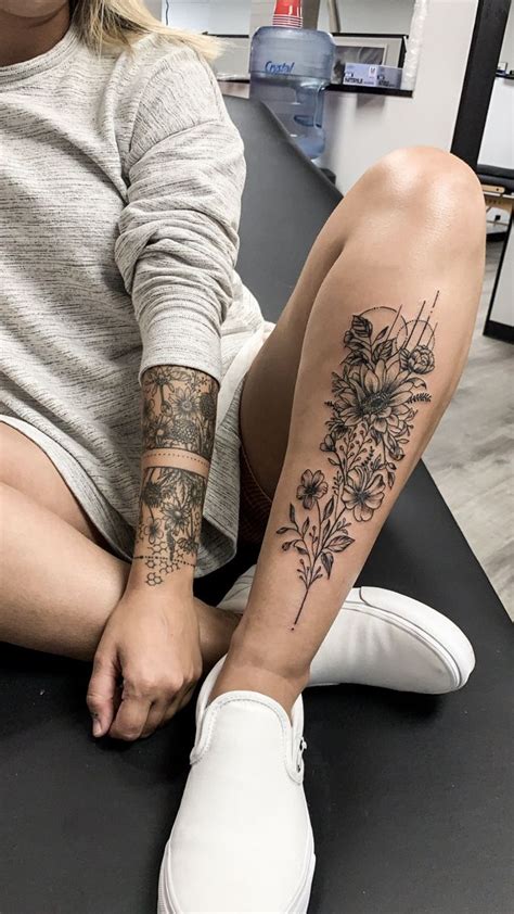 Floral Calf Tattoo Shin Tattoo Sleeve Tattoos Leg Tattoos