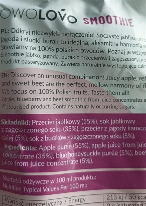 Owolovo Smoothie Jab Ko Jagoda Burak Ml Kalorie Kj I Warto Ci