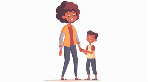 Cartoon Mother Holding Sons Hand Flat Vector Illustration Premium Ai