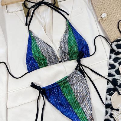 Shiny Micro Thong Swimwear Sexy G String Bikini Set Bling Swimming Suit Women China Swimsuit