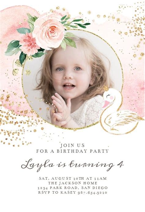 Swan And Pink Roses Birthday Invitation Template Greetings Island